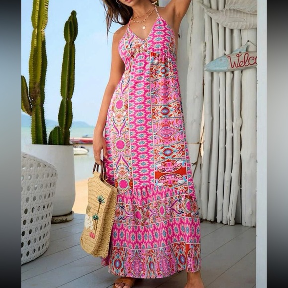 Boho Floral Paisley Print Backless Halter Maxi Dress - Picture 6 of 7